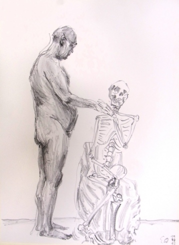 Boris und Skelett - Bleistiftzeichnung
